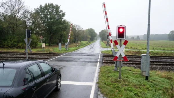 Ein schwarzes Auto steht vor einem Bahnübergang mit rotem Lichtsignal und geöffneten Schranken auf einer nassen Straße im Grünen.
