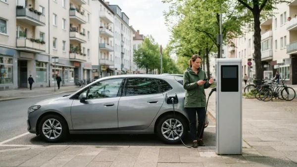 Eine Frau in einer grünen Jacke steht mit einem Smartphone neben einem grauen Elektroauto, das an einer Ladesäule am Straßenrand angeschlossen ist.