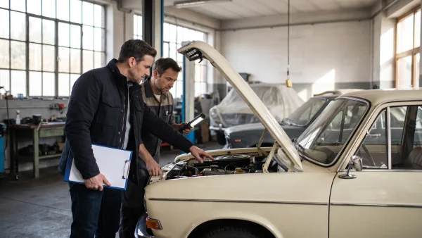 Ein Mann mit Klemmbrett zeigt in den Motorraum eines beigen Autos, während ein anderer Mann mit einer Lampe hineinleuchtet.